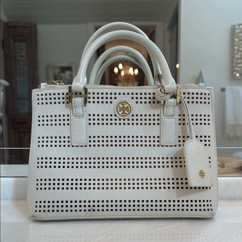 Tory Burch White Satchel with Perforated Design